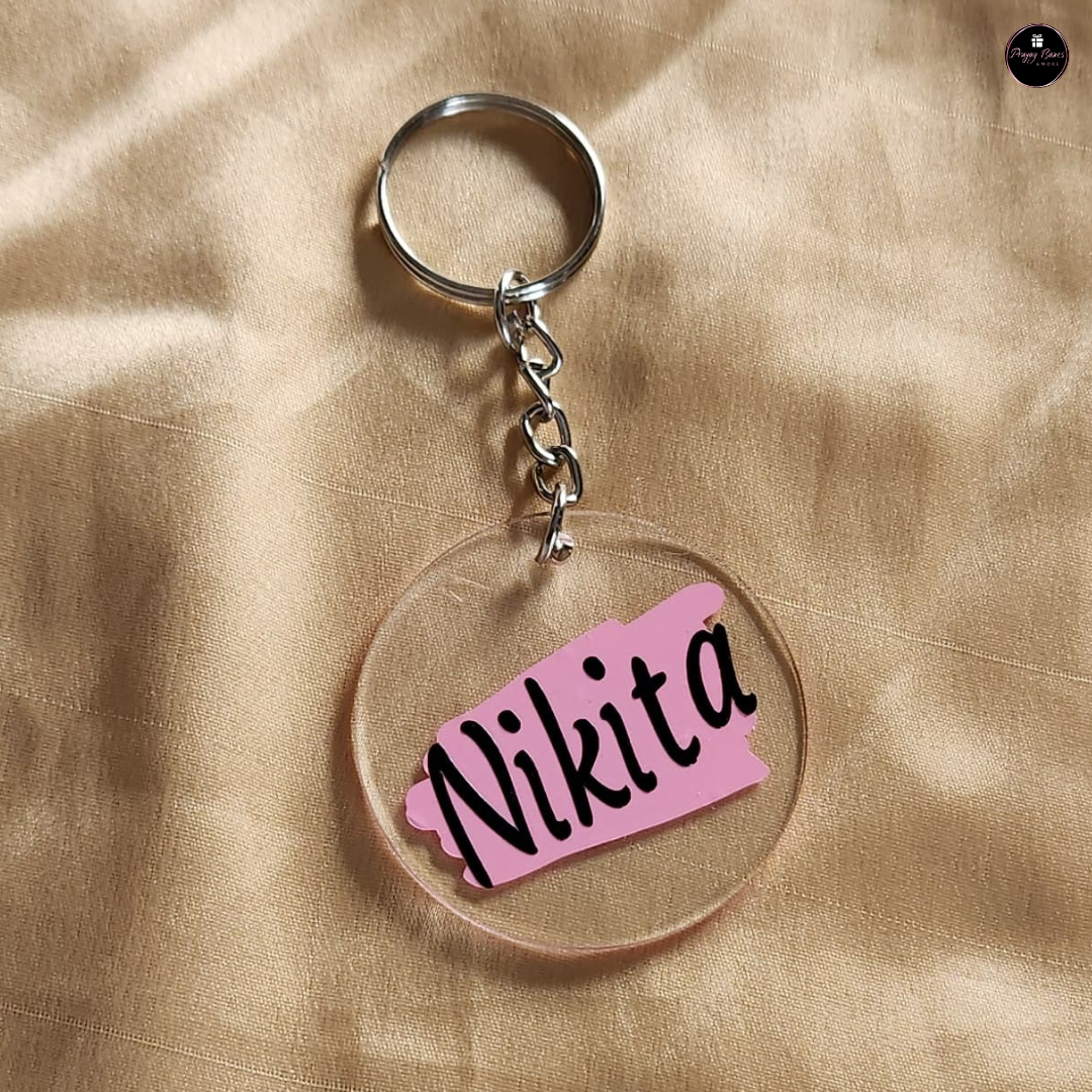 Pink Base with Black/White Text - Custom Acrylic Keychain - Free Shipping
