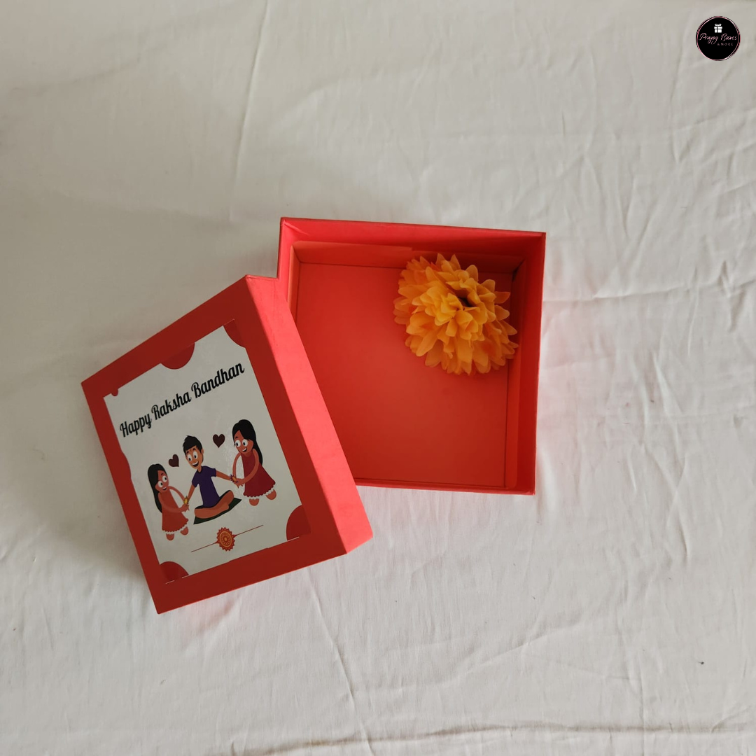 Rakhi Special – 6x6x3.5" Rigid Hamper Box with Flower| Premium Top-Bottom Gift Box