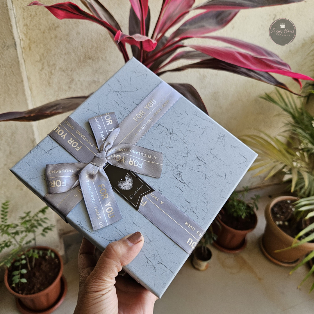Square Blue Top Black Base with Metallic Ribbon Gift Box | Valentine's Day Gifts Hamper
