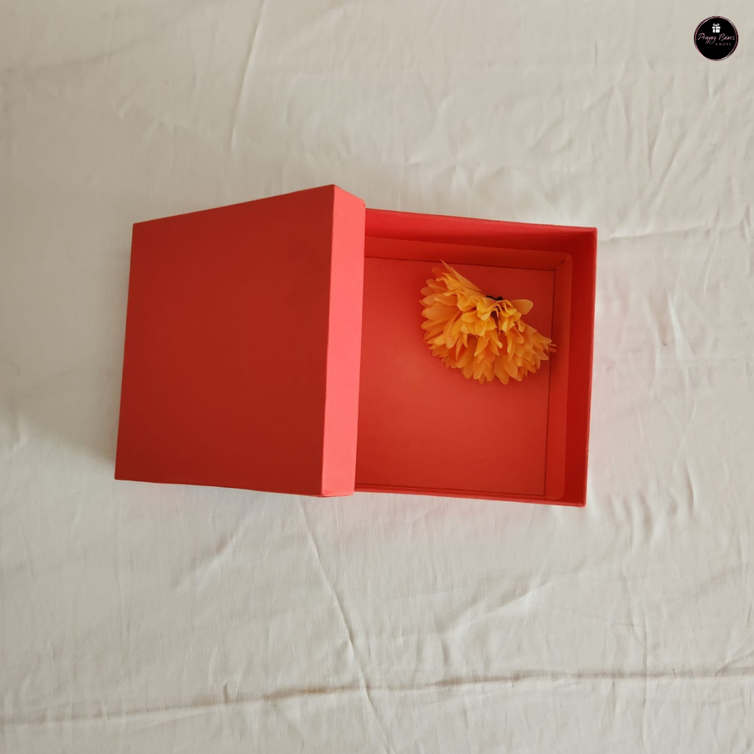 Plain Orange Rigid Gift Box with Flower – 6x6x3.5"