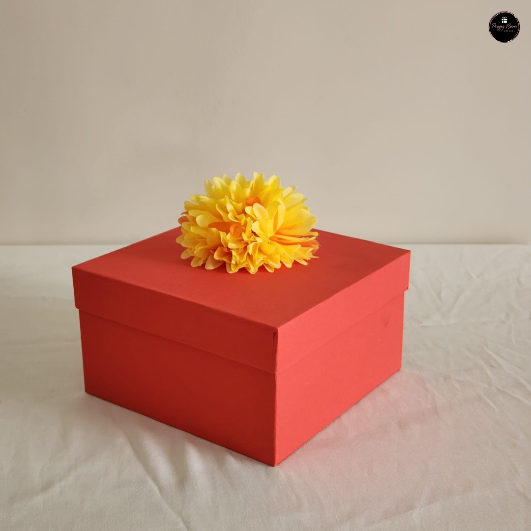 Plain Orange Rigid Gift Box with Flower – 6x6x3.5"