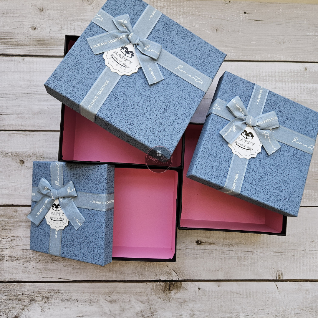 Square Blue top Black Base with Blue Ribbon Gift Box | Set of 3 Boxes