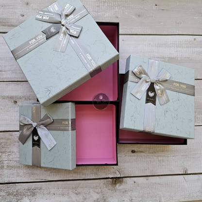 Square Blue Top Black Base with Metallic Ribbon Gift Box | Set of 3 Boxes